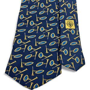 Gucci Silk Tie Italy Made Vintage Horsebit Blue Gold Starter Horn Horse Racing